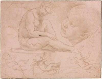 Estudos de uma mulher sentada, cabeça de criança e três estudos de um bebê, c. 1507-8. de Raffaello Sanzio Raphael