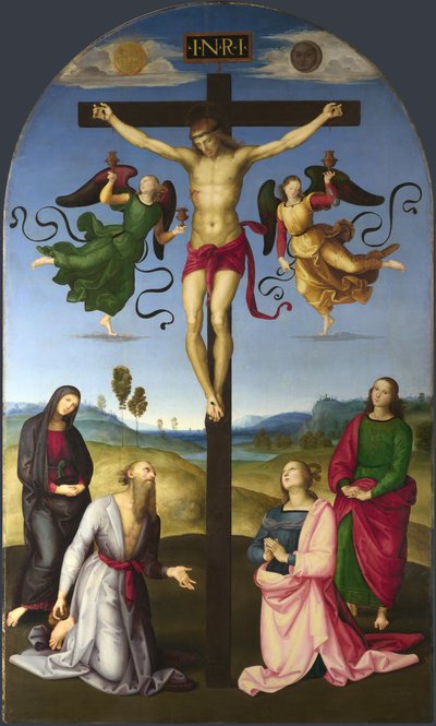 O Cristo Crucificado com a Virgem Maria, Santos e Anjos A Crucificação Mond, 1502-1503 de Raffaello Sanzio Raphael
