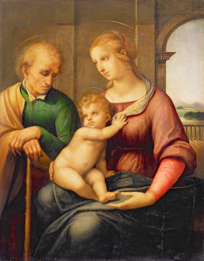 A Sagrada Família, ou Madonna com o Joseph sem barba, c.1506 (têmpera e óleo sobre tela transferidos do painel) de Raffaello Sanzio Raphael
