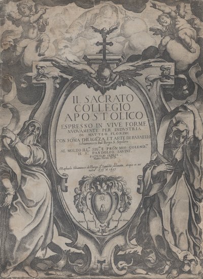 Frontispício com duas figuras segurando volutas e querubins ladeando a cartela no cen..., 1606-07. de Raffaello Schiaminossi