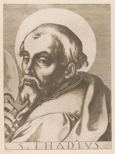 Heilige Judas Taddeüs
S. Thadeus (título sobre o objecto)
Christus, Maria en de twaalf apostelen (título da série)
Il sacrato collegio apostolico (título da série) de Raffaello Schiaminossi