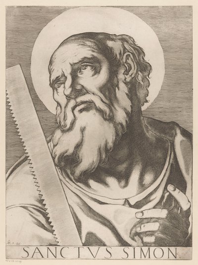 Heilige Simon Zelotes São Simão (título no objeto) Cristo, Maria en de twaalf apostelen (título da série) O Sagrado Colégio Apostólico (título da série) de Raffaello Schiaminossi