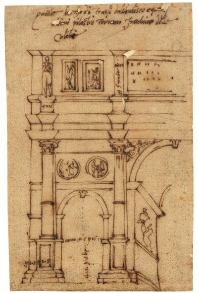 Alçado parcial do Arco de Constantino, Roma (caneta e tinta castanha, sobre papel vegetal oleado) de Raffaello da Montelupo