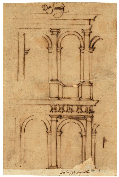 Esboço do Teatro de Marcelo, Roma (caneta e tinta castanha, sobre papel vegetal oleado) de Raffaello da Montelupo