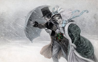 Casal numa tempestade de neve com guarda-chuva final do século XIX/princípio do século XX (gravura) de Raimund Ritter Von Brennerstein (1862 1925) Wichera