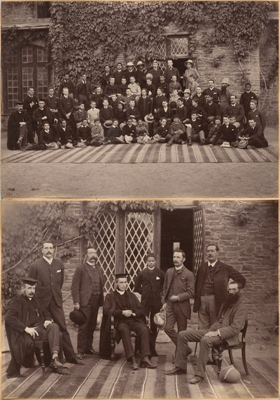 Director e professores da Bishop Cotton School, Shimla (recto); alunos da turma intermédia e pessoal da Bishop Cotton School, Shimla (verso) de Raja Deen Dayal