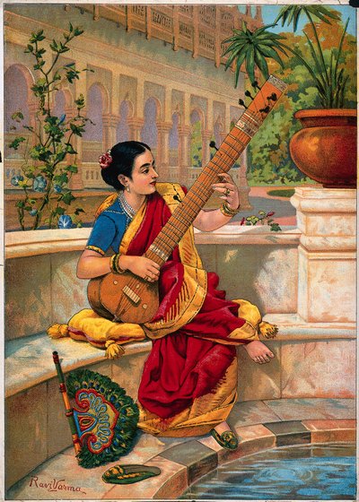 Uma mulher indiana sentada toca uma cítara junto a um lago de jardim. de Raja Ravi Varma