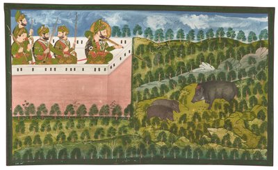Uma pintura de Maharana Jawan Singh (r.1821-38) a caçar javalis de Rajasthani School