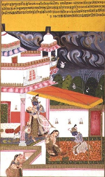 Folio 72. Krishna cajoles Radha como uma tempestade se reúne por cima, do 
