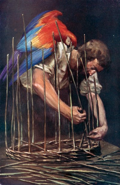Ilustração para Robinson Crusoe por Daniel Defoe (lito a cores) de Ralph Noel Pocock