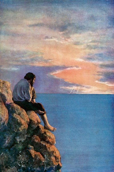Ilustração para Robinson Crusoe por Daniel Defoe (lito a cores) de Ralph Noel Pocock