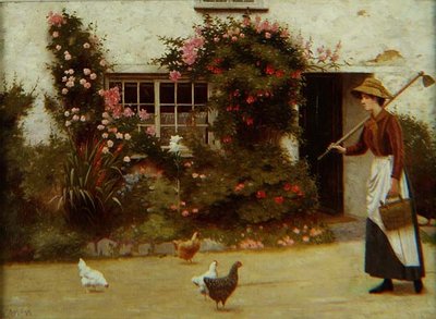 Menina com uma enxada fora de uma casa de campo de Ralph Todd