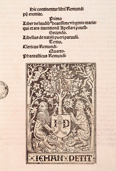 Página do códice "De Laudibus Beatissimae Virginis Mariae" de Ramon Llull (1235-1315), retratando dois leões segurando o brasão do impressor Jehan Petit de Ramon Llull