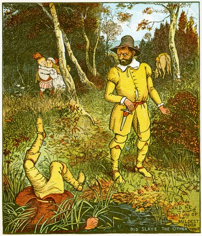 "E aquele que estava de bom humor, matou o outro ali", ilustração de Babes no bosque. de Randolph Caldecott