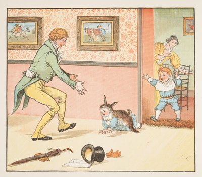 Baby Bunting envolto na pele do coelho, de The Hey Diddle Diddle Picture Book, pub.1882 (gravação a cores) de Randolph Caldecott