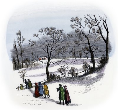 Vida quotidiana, Inglaterra: habitantes do campo vão a uma celebração de Natal, realizada numa quinta próxima. Atravessaram campos cobertos de neve por volta de 1800. Gravura a cores, baseada numa ilustração de Randolph Caldecott de Randolph Caldecott