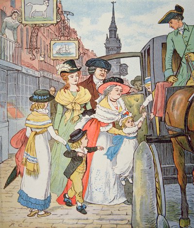 Vida familiar na América colonial - Cena de rua em Boston (aguarela no papel) de Randolph Caldecott