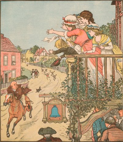 John Gilpin passa a galope pelo Bell Inn enquanto sua esposa e filhos acenam da varanda, 1878, c1918. de Randolph Caldecott