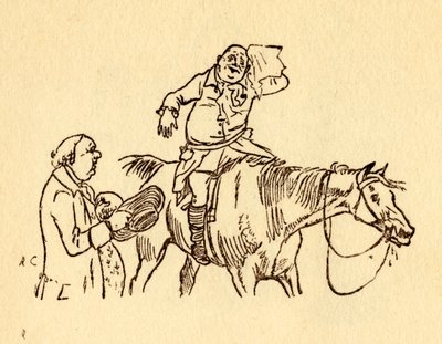 John Gilpin limpa a testa suada com um lenço, 1878, c1918. de Randolph Caldecott