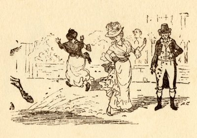 O cavalo de John Gilpins espirra lama no vestido de uma mulher, 1878, c1918. de Randolph Caldecott