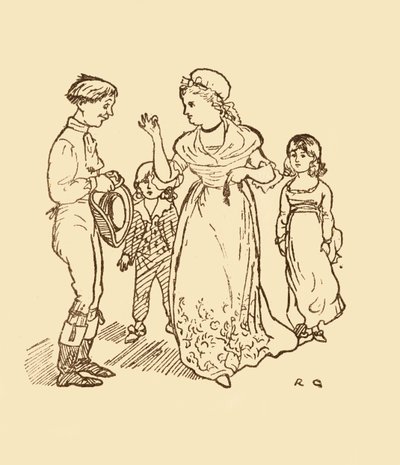 A senhora Gilpin paga ao carteiro para encontrar o marido, 1878, c1918. de Randolph Caldecott