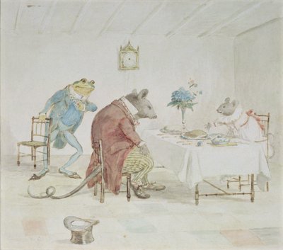 "Reze, senhorita Mouse, você vai nos dar um pouco de cerveja", ilustração de "A Frog He Would A-Wooing Go" de Randolph Caldecott
