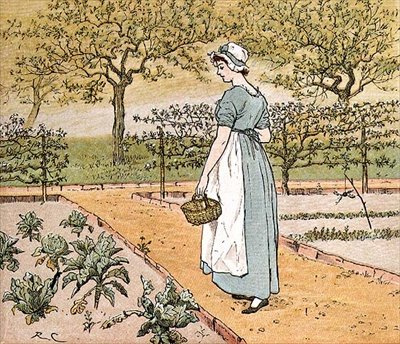 Ela entrou no jardim para cortar uma folha de couve para fazer uma torta de maçã", ilustração de 