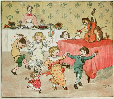 O gato e o violino e a ilustração do partido das crianças de Hey Diddle Diddle de Randolph Caldecott