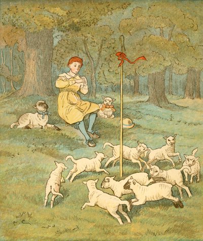 O Menino dos Fazendeiros toca seu cachimbo enquanto os cordeiros dançam ao redor de seus pastores, c1881. de Randolph Caldecott