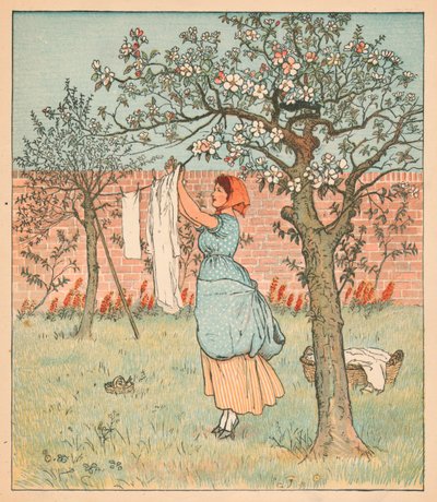 A empregada doméstica estava no jardim, pendurando as roupas, 1880. de Randolph Caldecott