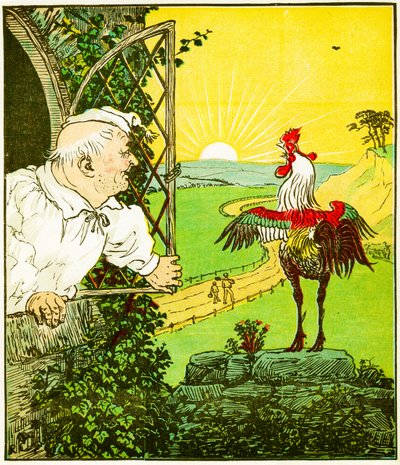 "Este é o galo que cantou de manhã, que acordou o juiz todo raspado e tosquiado", ilustração de A Casa que Jack Construiu de Randolph Caldecott