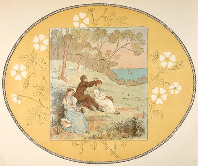 Duas mulheres e um homem sentados numa clareira perto da costa. Fronteira floral. de Randolph Caldecott