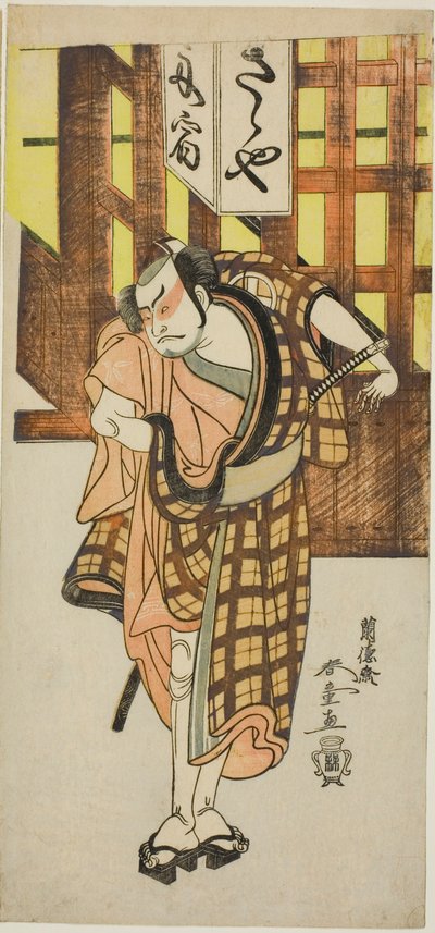 O ator Otani Hiroji III como Satsuma Gengobei na segunda parte da peça Iro Moyo Aoyagi Soga (Green Willow Soga of Erotic Design), apresentada no Teatro Nakamura no segundo mês de 1775 de Rantokusai Shundo