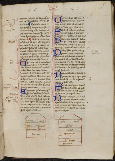 Desenhos de tinta da Arca de Noé e iniciais decoradas com flores de caneta no livro 2., meados do século XV (pergaminho) de Ranulf Higden