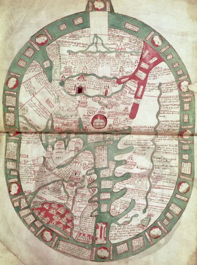 Roy.Ms.14 C. f.1 1v-2r Mapa do Mundo com Jerusalém como Centro, Polychronicon, c.1380 (velino) de Ranulf Higden