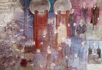 La Fee Electricite, pormenor: Retratos de Johann Wilhelm Hittorf, Heinrich Geissler, Henry Moseley, Pierre Curie, Marie Curie, Dmitrij Mendelee, Thomas Edison e Graham Bell. 1937 (pintura) de Raoul Dufy