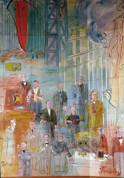 La Fee Electricite, pormenor: Retratos de diferentes intelectuais e cientistas: António Pacinotti, Zenobe Gram, Josiah Willard Gibbs, Charles Algernon Parsons, Marc Seguin, Auguste Camille Rateau, Jean Victor Celet e Michael Faraday. 1937 (pintura) de Raoul Dufy