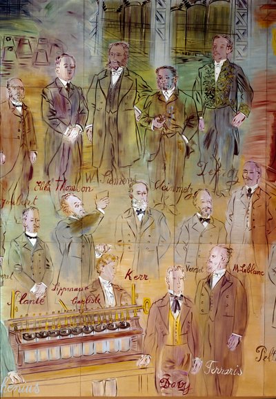 La Fee Electricite, pormenor: Retratos de diferentes intelectuais e cientistas: Jules Francois Joubert, Elihu Thomson, Ernst Werner Siemens, Charles Proteus Steinmetz, Marcel Deprez, Gaston Plante, Gabriel Lippmann, John Kerr, Maurice Leblanc, Humphrey Da de Raoul Dufy