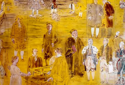 La Fee Electricite, pormenor: Retratos de diferentes cientistas: Henry Cavendish, Le Monnier, Franz Aepinus, Denis Papin, Joseph Priestley, Luigi Galvani, Carl Friedrich Gauss, Simeon-Denis Poisson, Pierre Simon de Laplace e Charles de Coulomb. 1937 (pinta de Raoul Dufy