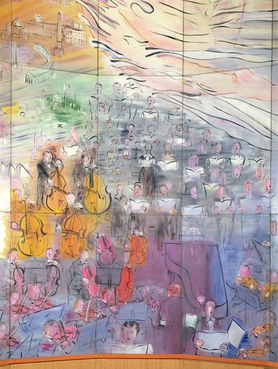 La Fee Electricite, pormenor do lado esquerdo representando uma orquestra de Raoul Dufy