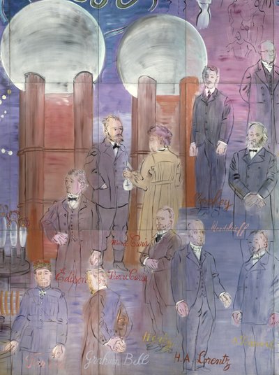La Fee Electricite, pormenor do lado esquerdo representando cientistas de Raoul Dufy