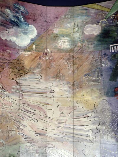 La Fee Electricite, pormenor do lado esquerdo representando várias cidades de Raoul Dufy
