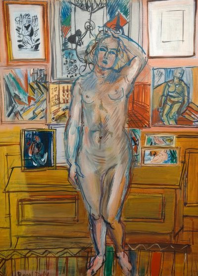 Nu em pé sobre quadros de Raoul Dufy
