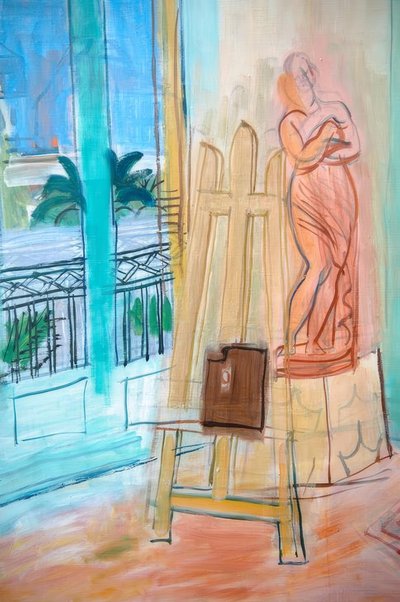 O atelier do pintor com a escultura vermelha de Raoul Dufy