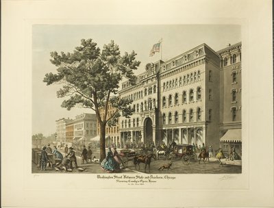 Washington Street entre State e Dearborn, Chicago, mostrando a Opera House de Crosby no ano de 1864 de Raoul Varin