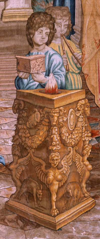 Tapeçaria flamenga. Série Os Actos dos Apóstolos. São Paulo e São Barnabé em Lystra (San Pablo y San Bernabé en Lystra). 8º pano da série, foi dividido em dois para o adaptar à sala. Desenho animado modelo de Rafael Sanzio. 1519. Fabrico Jan Raes de Raphael