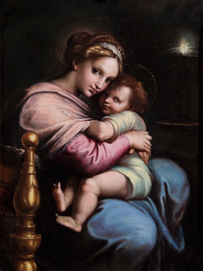 A Virgem e a Criança, no início do dia 17 (óleo sobre painel) de Raphael (1483 1520) (after)