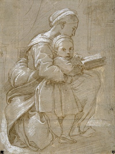 Uma mulher sentada numa cadeira a ler, com uma criança de pé ao seu lado (ponto metálico e cor do corpo branca sobre papel) de Raphael
