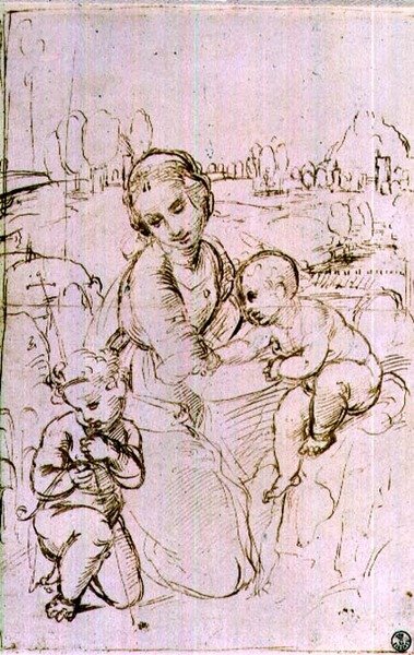 Estudo de uma Madonna e Criança com o menino São João Batista (caneta e tinta) de Raphael