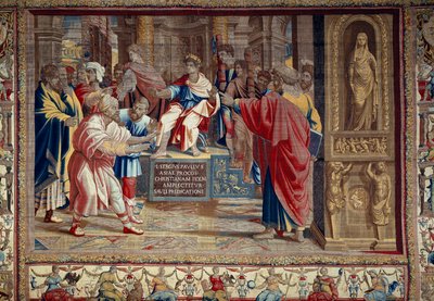 Vida do apóstolo Pedro e Paulo: "o castigo de Barjesu (Eliseu) mago judeu que se opunha a Paulo e era temporariamente cego" A cena se passa diante do procônsul romano Lucius Sergius Paulus e São Barnabé. Você pode ver a inscrição i de after Raphael